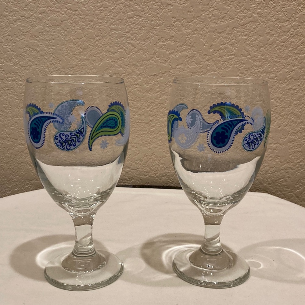 Set of 2 Libbey Paisley Wine Water Goblets Glasses Blue and Green Design 14oz